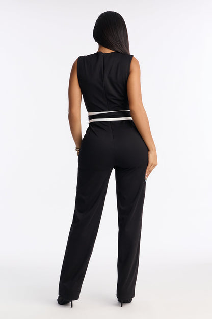 Talia Deep V Tie Waist Jumpsuit - Black
