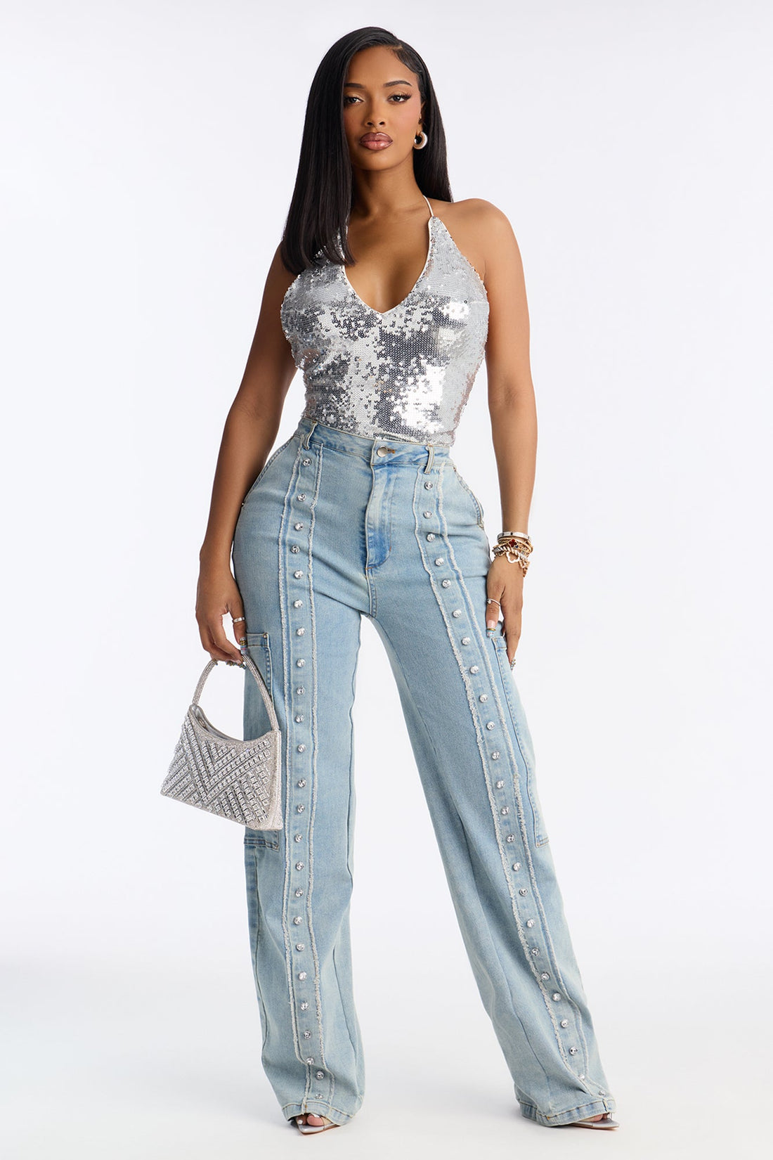 Sparkle For You Embellished Straight Leg Jeans - Light Wash