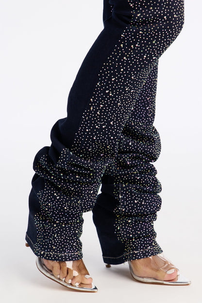 Call Me Extra Embellished Stacked Straight Leg Jeans - Dark Denim