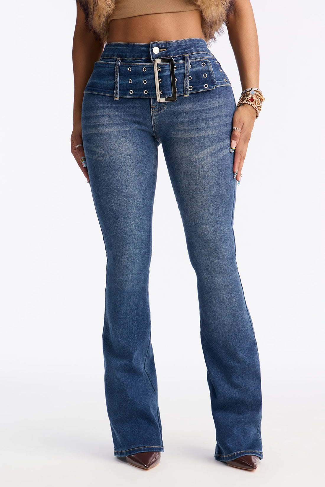 Bethany Belted Mini Flare Jeans - Medium Wash