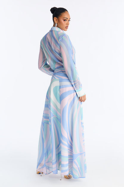 Gianna Button Up Chiffon Maxi Dress - Blue/combo