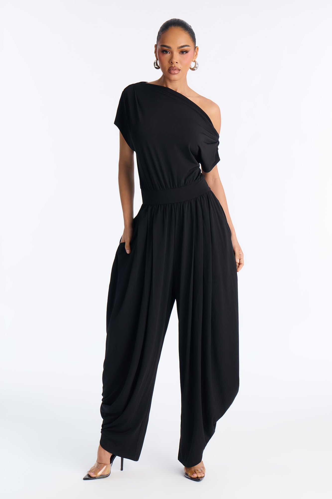 Belina Balloon Leg Off Shoulder Jumpsuit - Black