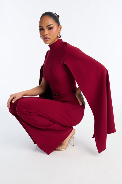 Lacy Cape Mock Neck Jumpsuit - Burgundy