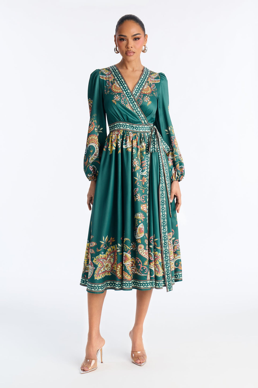 Donna Satin Paisley Midi Dress - Green