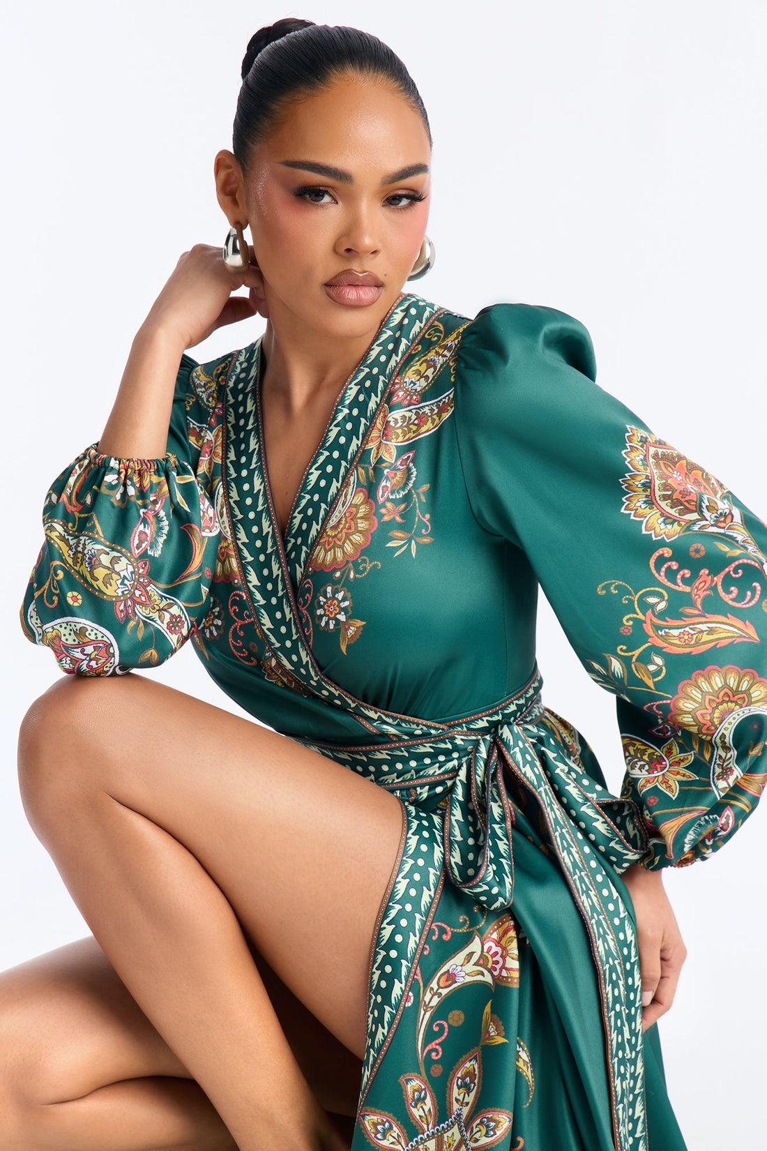 Donna Satin Paisley Midi Dress - Green