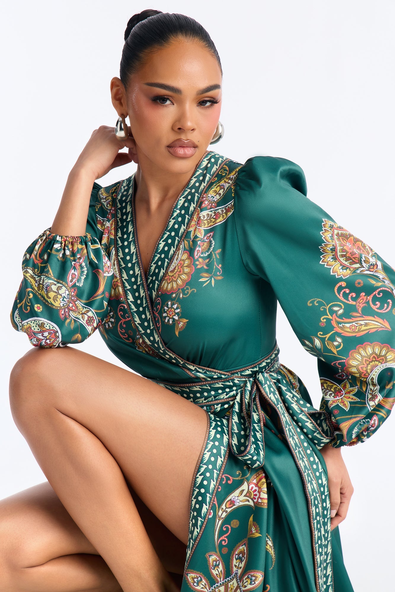 Donna Satin Paisley Midi Dress - Green