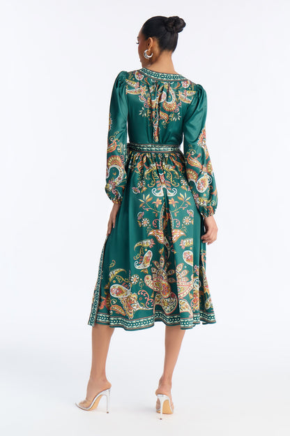 Donna Satin Paisley Midi Dress - Green