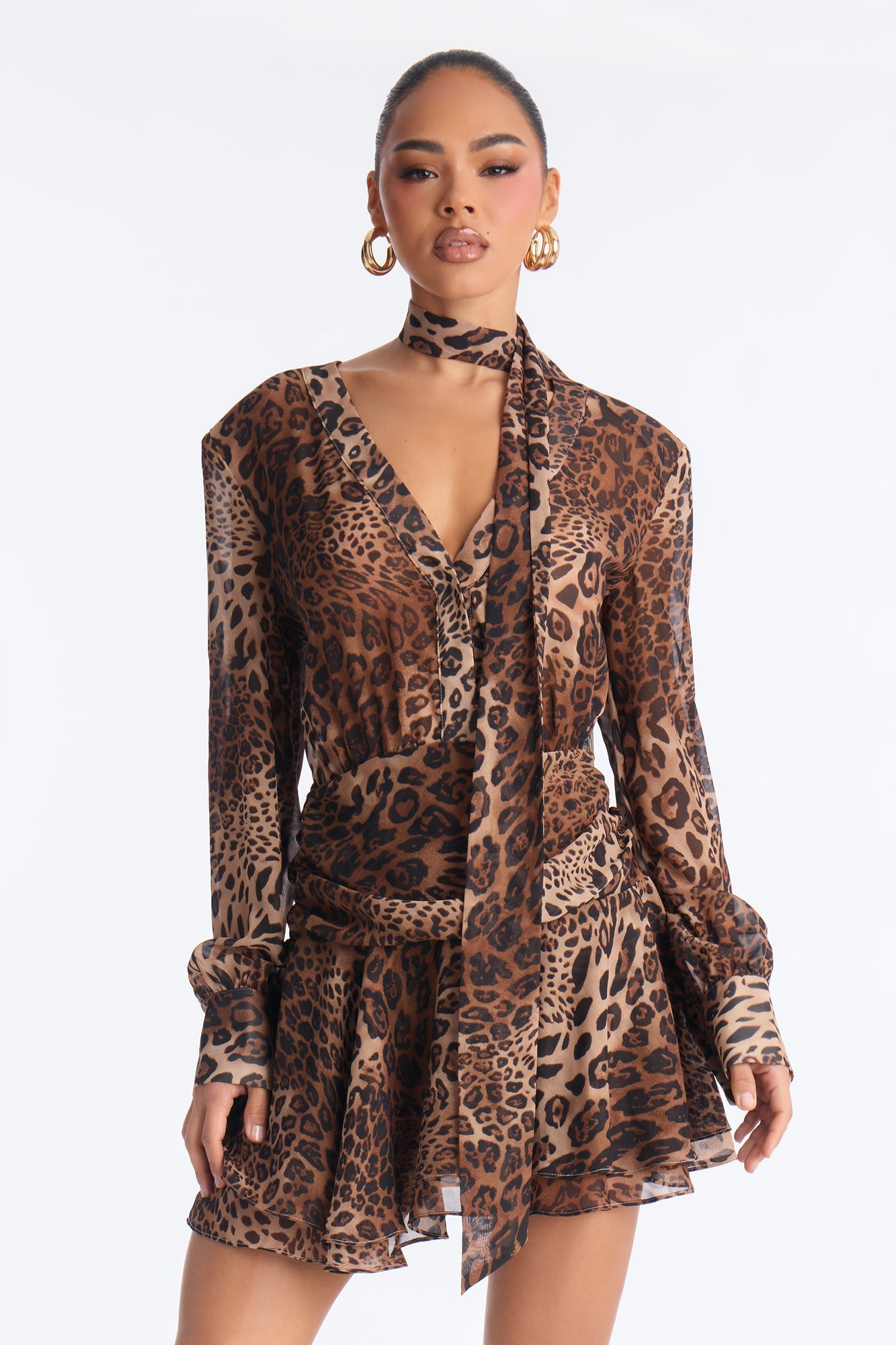 Kerra Long Sleeve Chiffon Mini Dress - Leopard