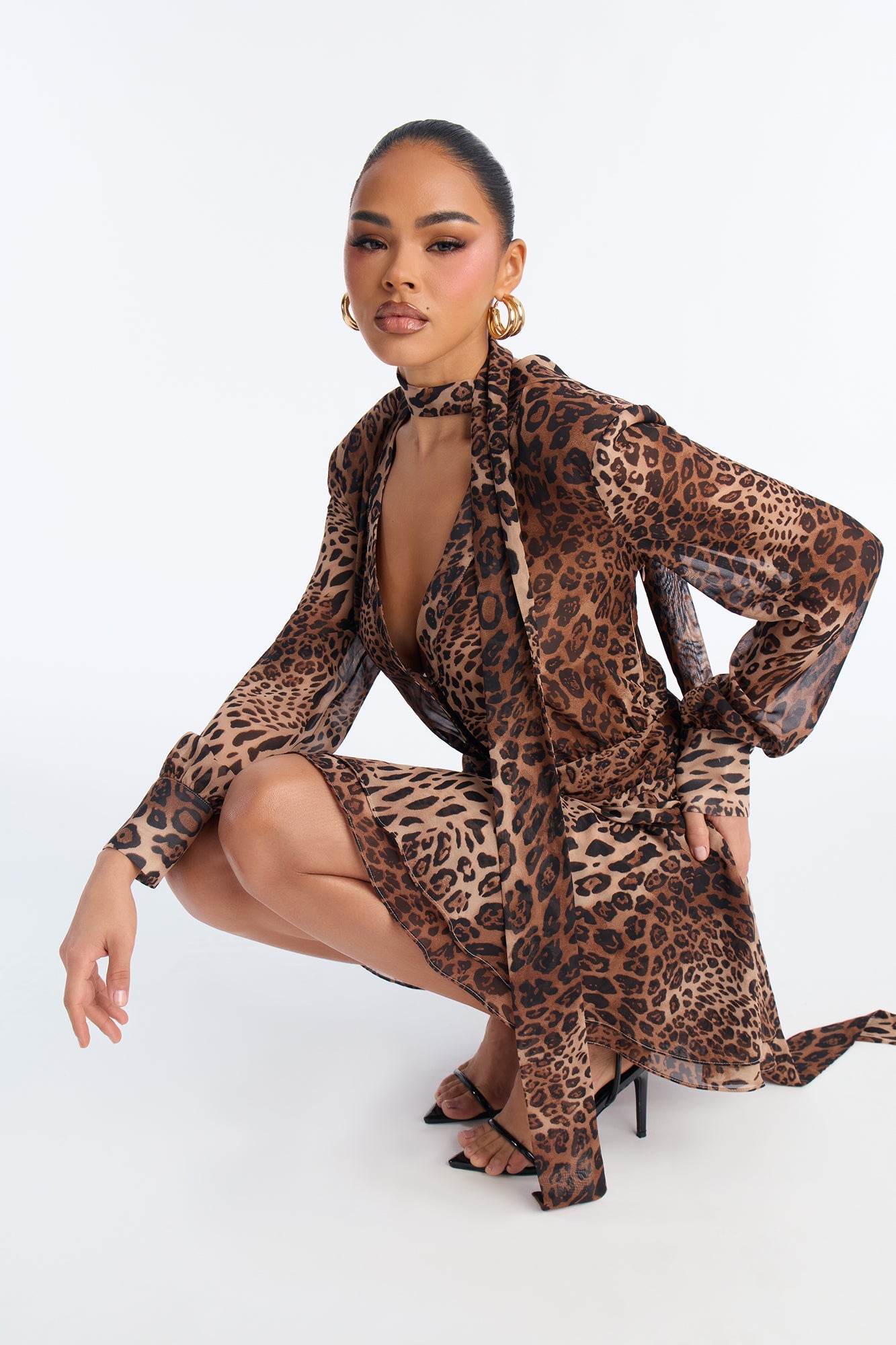 Kerra Long Sleeve Chiffon Mini Dress - Leopard
