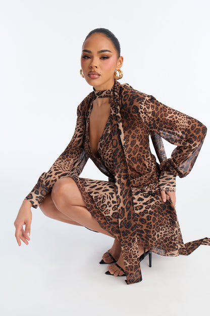 Kerra Long Sleeve Chiffon Mini Dress - Leopard