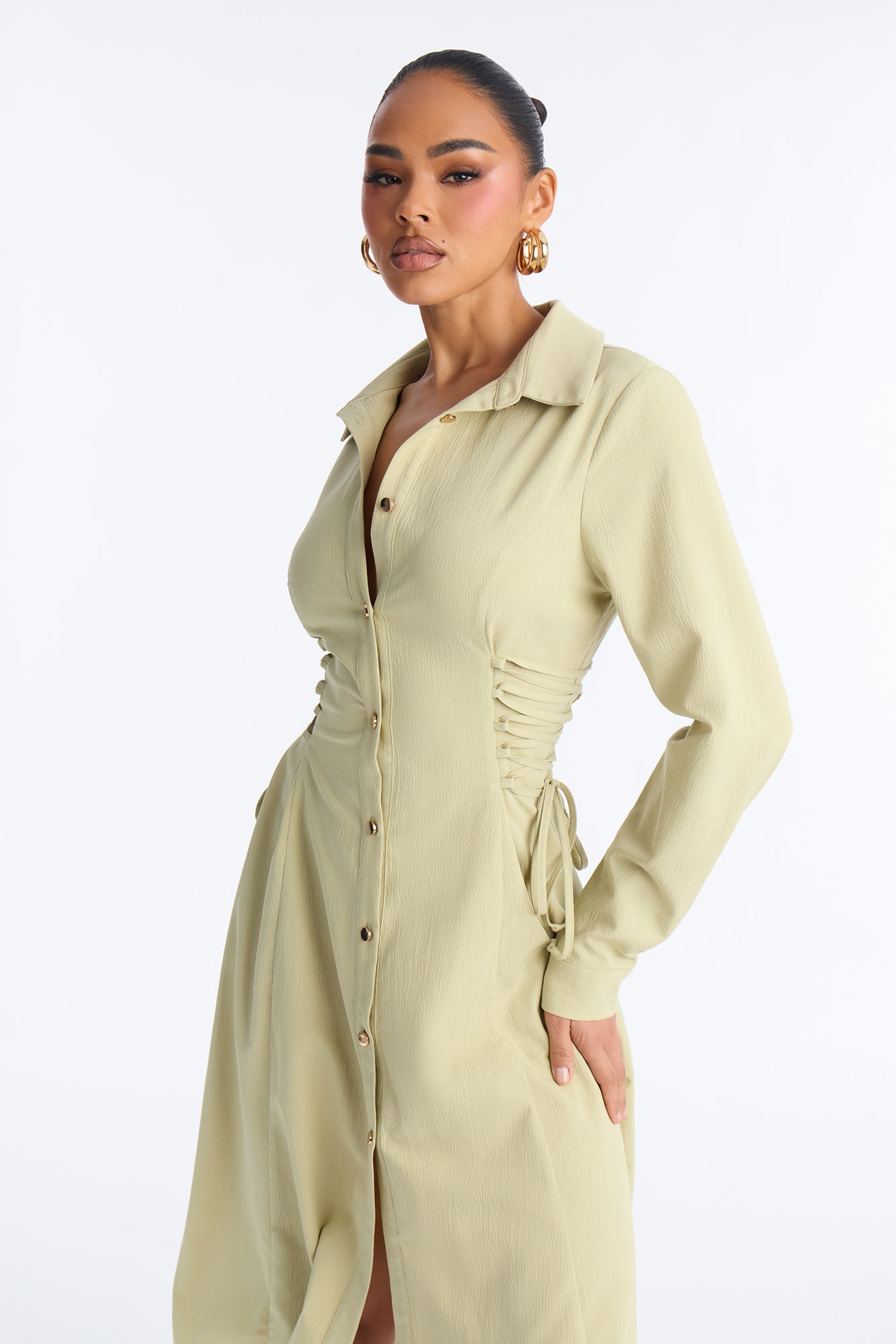 Josephine Collar Long Sleeve Midi Dress - Sage