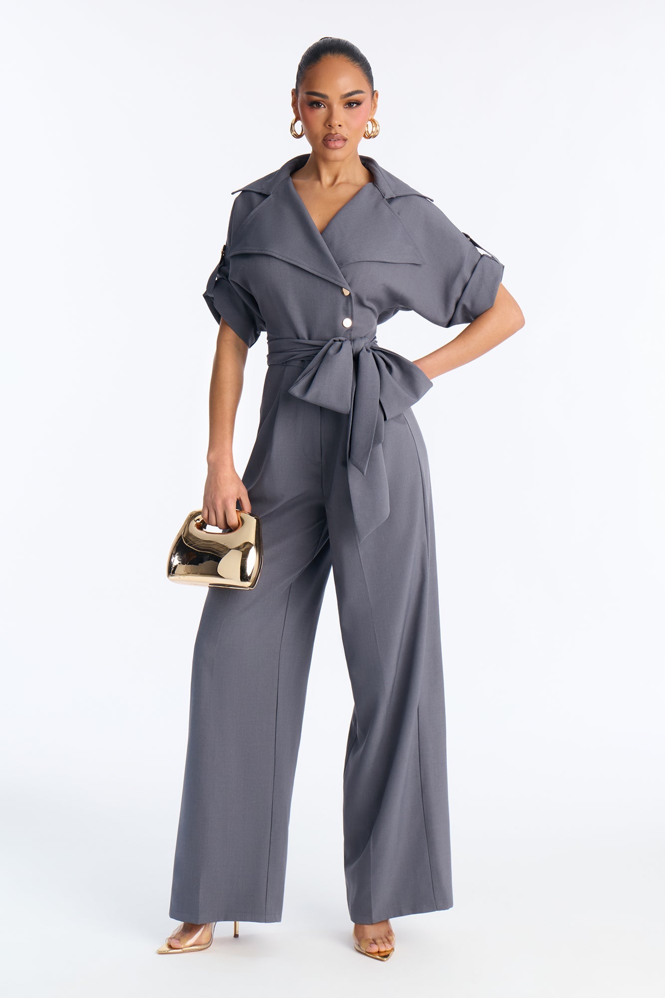 Cynthia Cinched Waist Wide Leg Jumpsuit - Charcoal