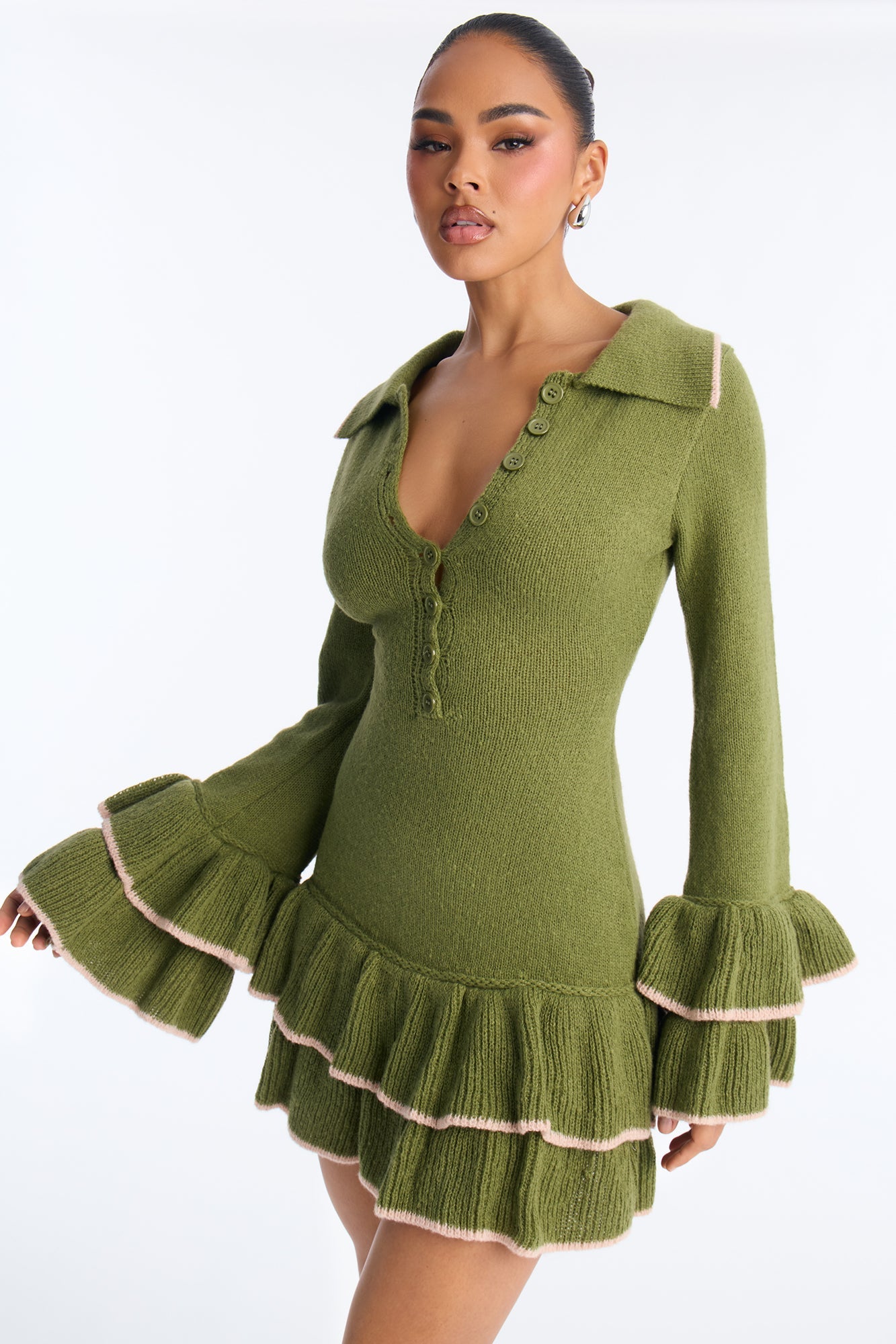 Carly Ruffle Hem Sweater Mini Dress - Olive