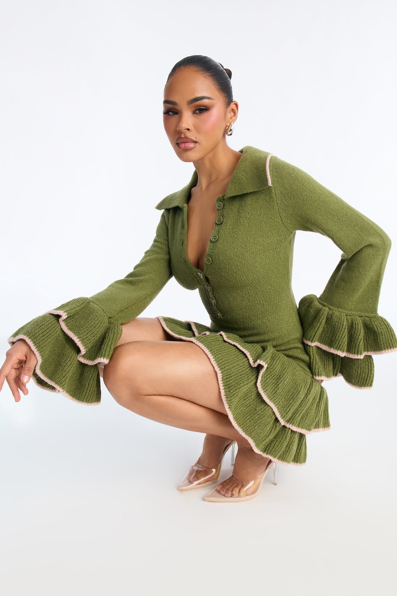 Carly Ruffle Hem Sweater Mini Dress - Olive