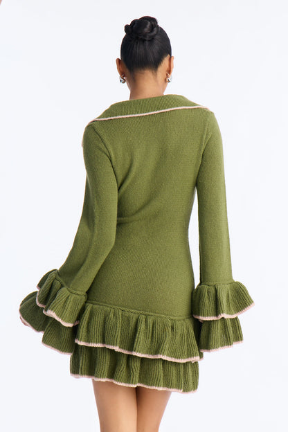 Carly Ruffle Hem Sweater Mini Dress - Olive