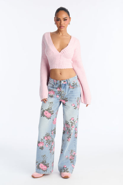 Westside Low Rise Floral Wide Leg Jeans - Light Wash