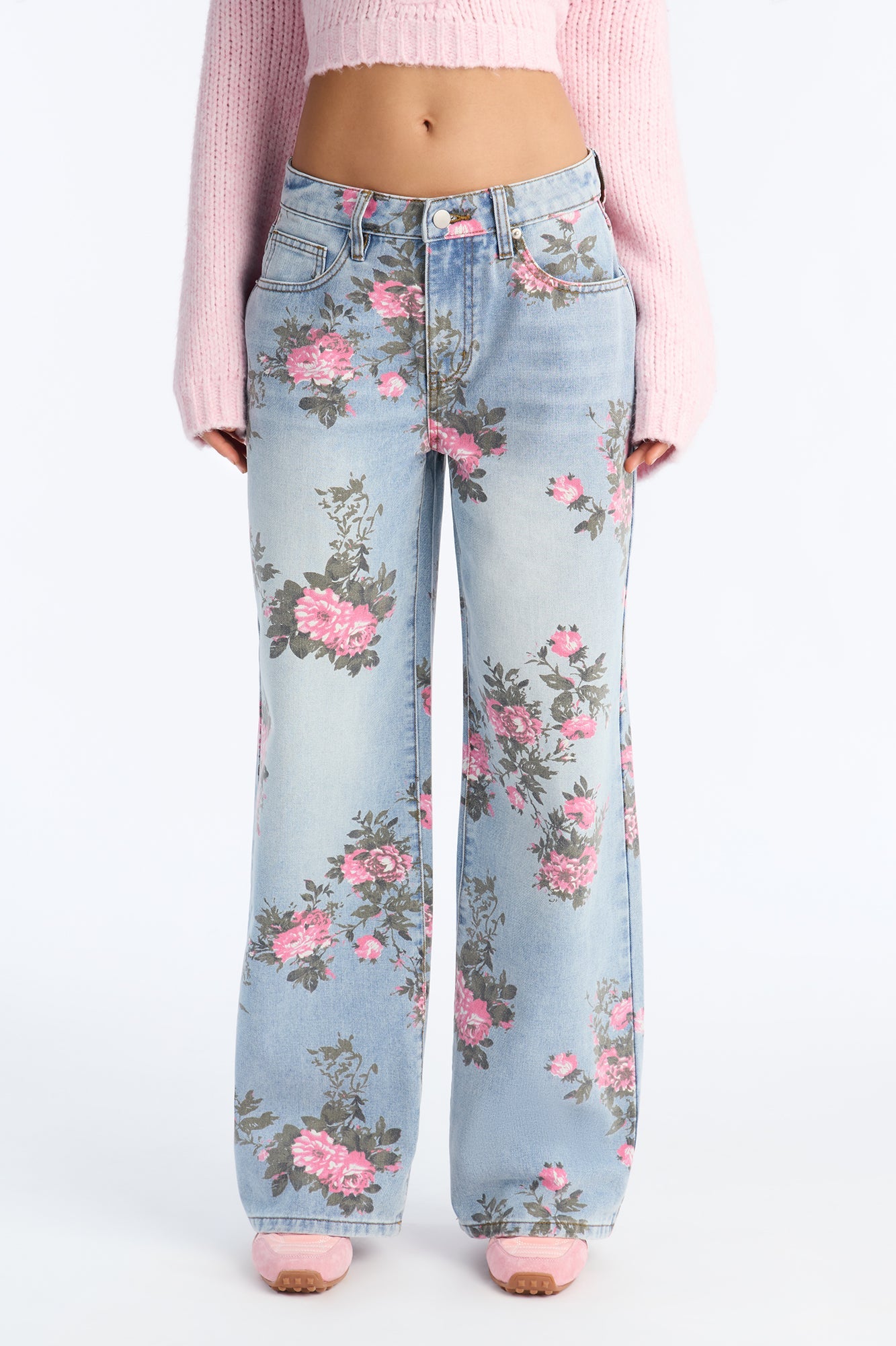 Westside Low Rise Floral Wide Leg Jeans - Light Wash