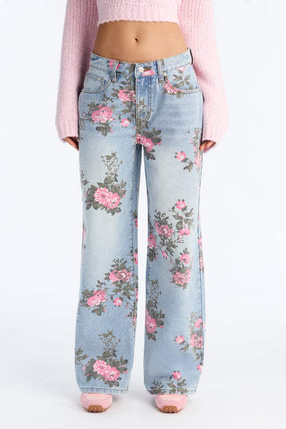 Westside Low Rise Floral Wide Leg Jeans - Light Wash