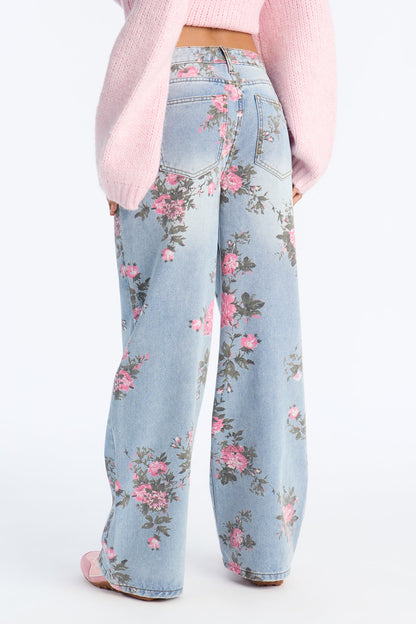 Westside Low Rise Floral Wide Leg Jeans - Light Wash