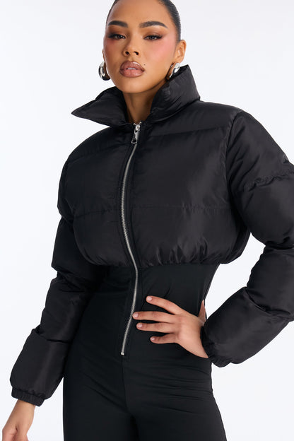 Up Your Alley Puffer Skinny Leg Jumpsuit - Black