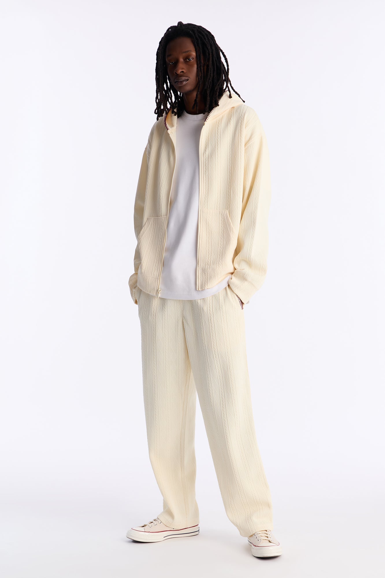 Cable Knit Textured Stitched Hooded Jacket - Cream