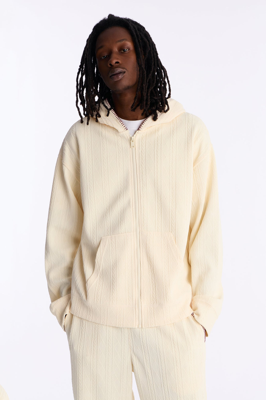 Cable Knit Textured Stitched Hooded Jacket - Cream