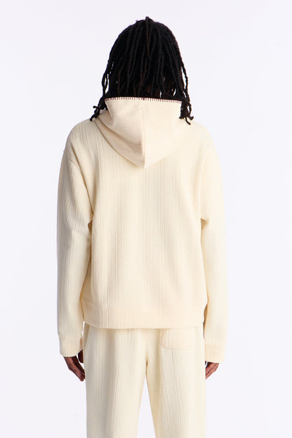 Cable Knit Textured Stitched Hooded Jacket - Cream