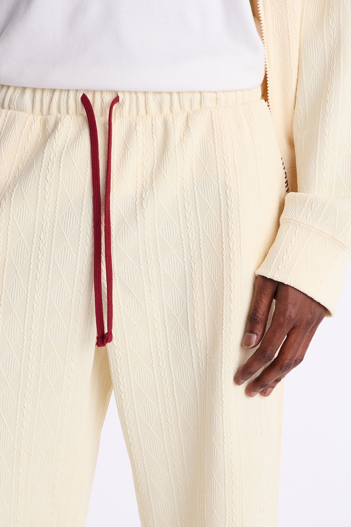 Straight Cable Knit Textured Stitched Pant - Cream