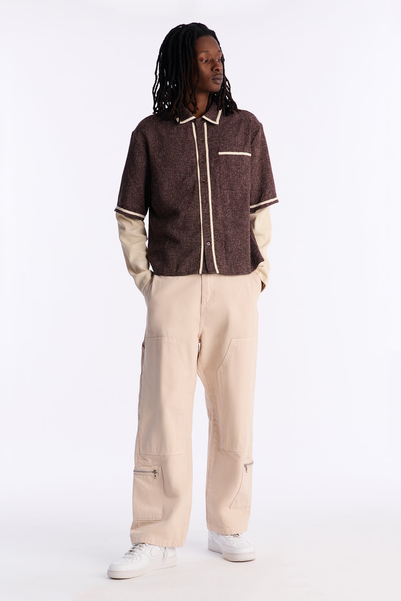 Twofer Button Up Shirt - Brown