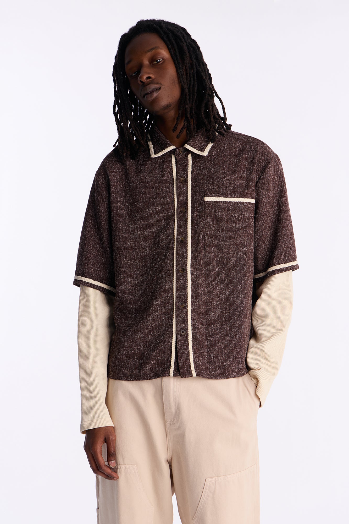 Twofer Button Up Shirt - Brown