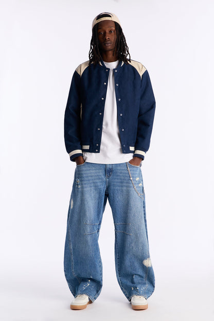 Contrast Panel Faux Suede Varsity Jacket - Blue