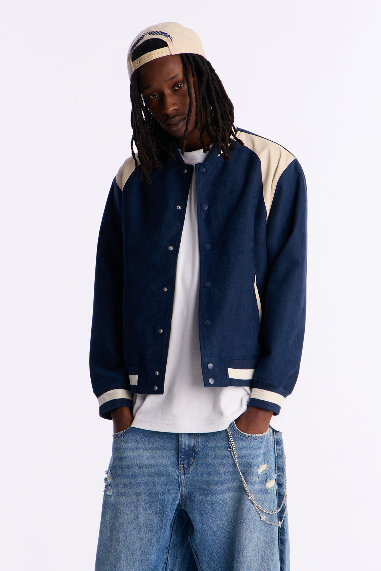 Contrast Panel Faux Suede Varsity Jacket - Blue