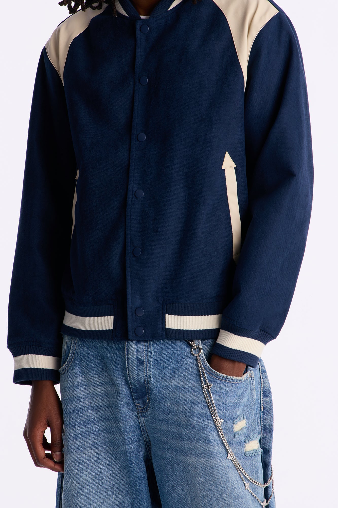 Contrast Panel Faux Suede Varsity Jacket - Blue
