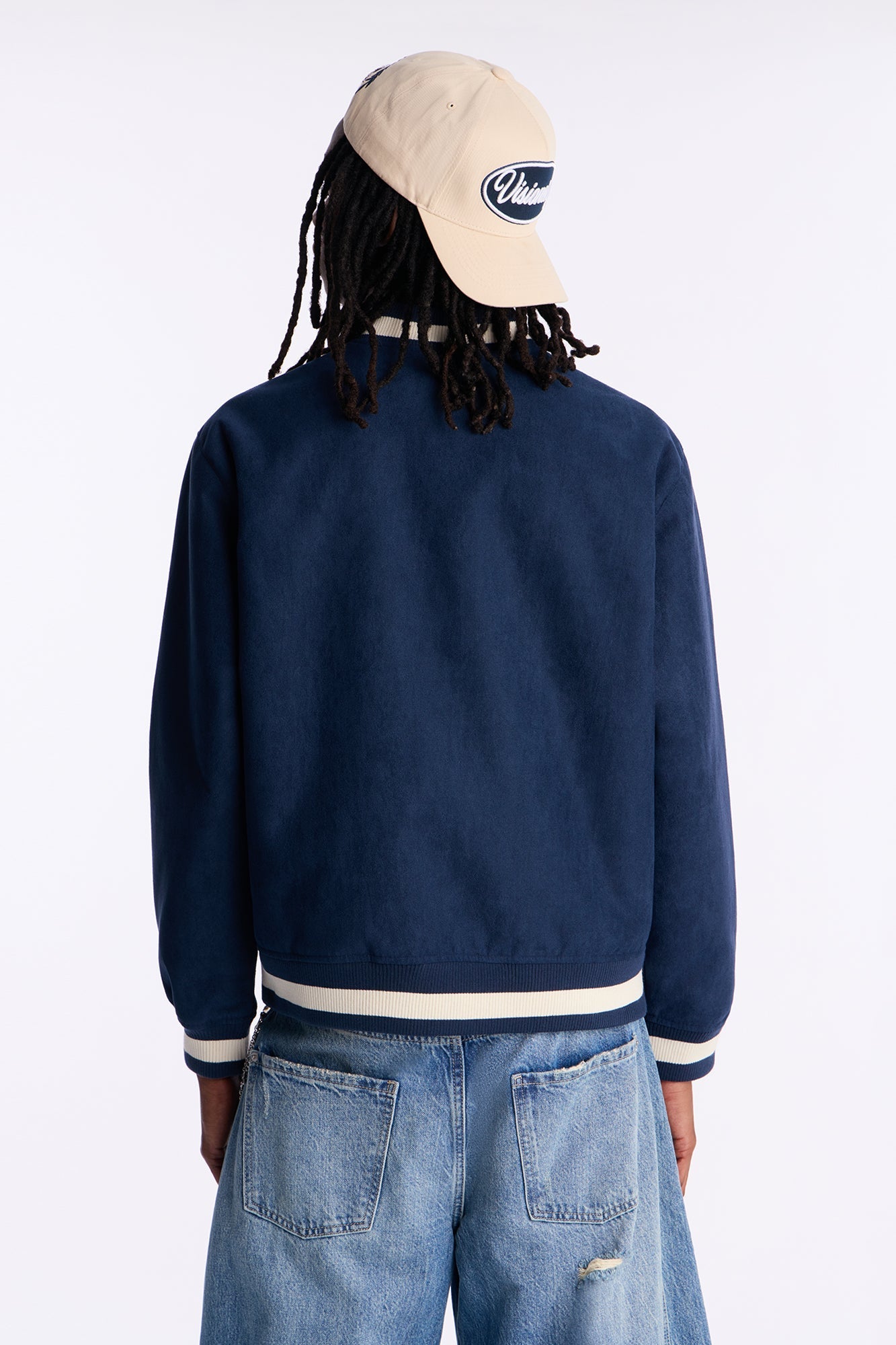 Contrast Panel Faux Suede Varsity Jacket - Blue