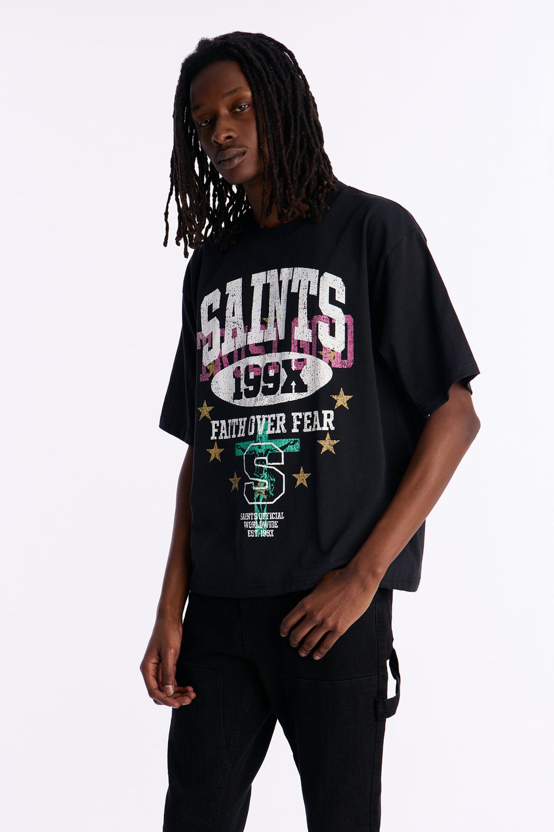 Saints Faith Over Fear Boxy Short Sleeve Tee - Black