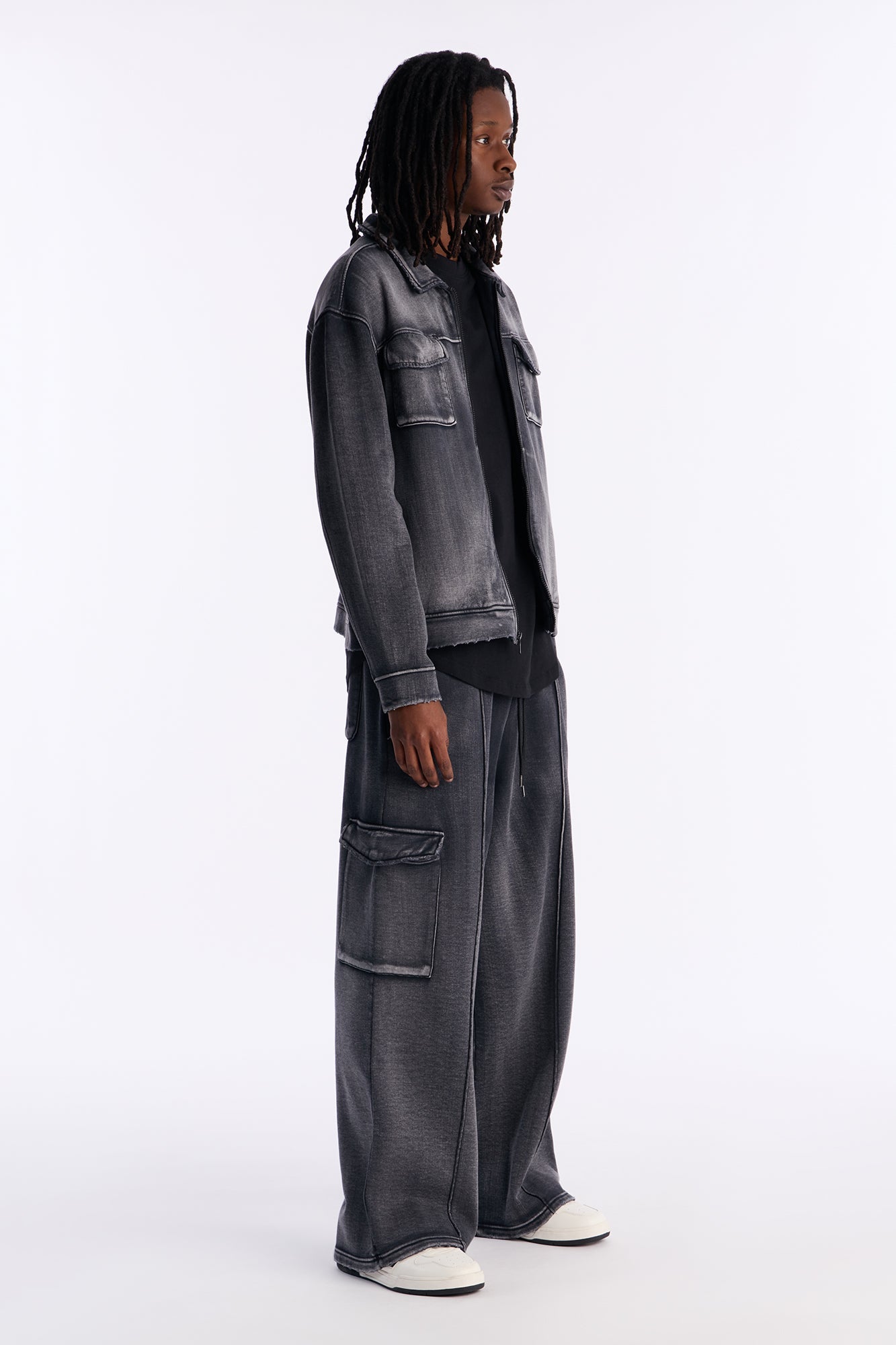 Heavy Wash Baggy Fleece Cargo Pants - Black Wash