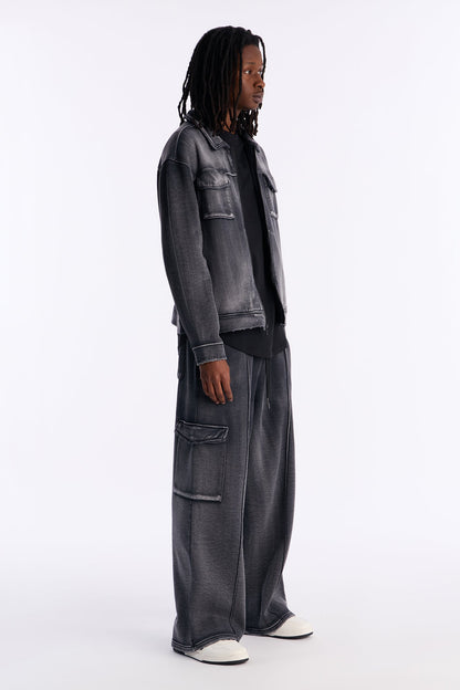 Heavy Wash Baggy Fleece Cargo Pants - Black Wash