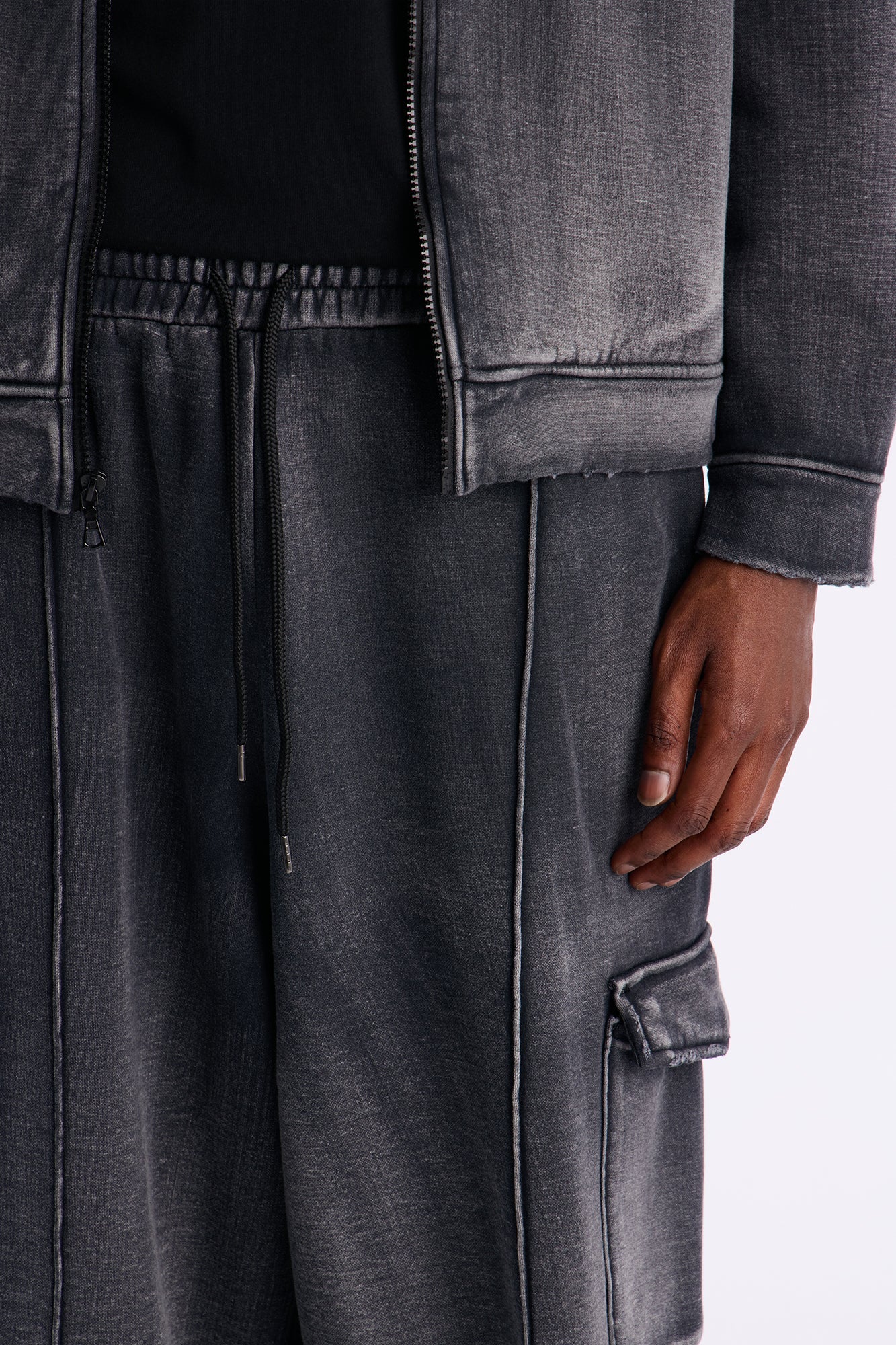 Heavy Wash Baggy Fleece Cargo Pants - Black Wash