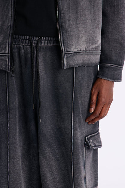 Heavy Wash Baggy Fleece Cargo Pants - Black Wash