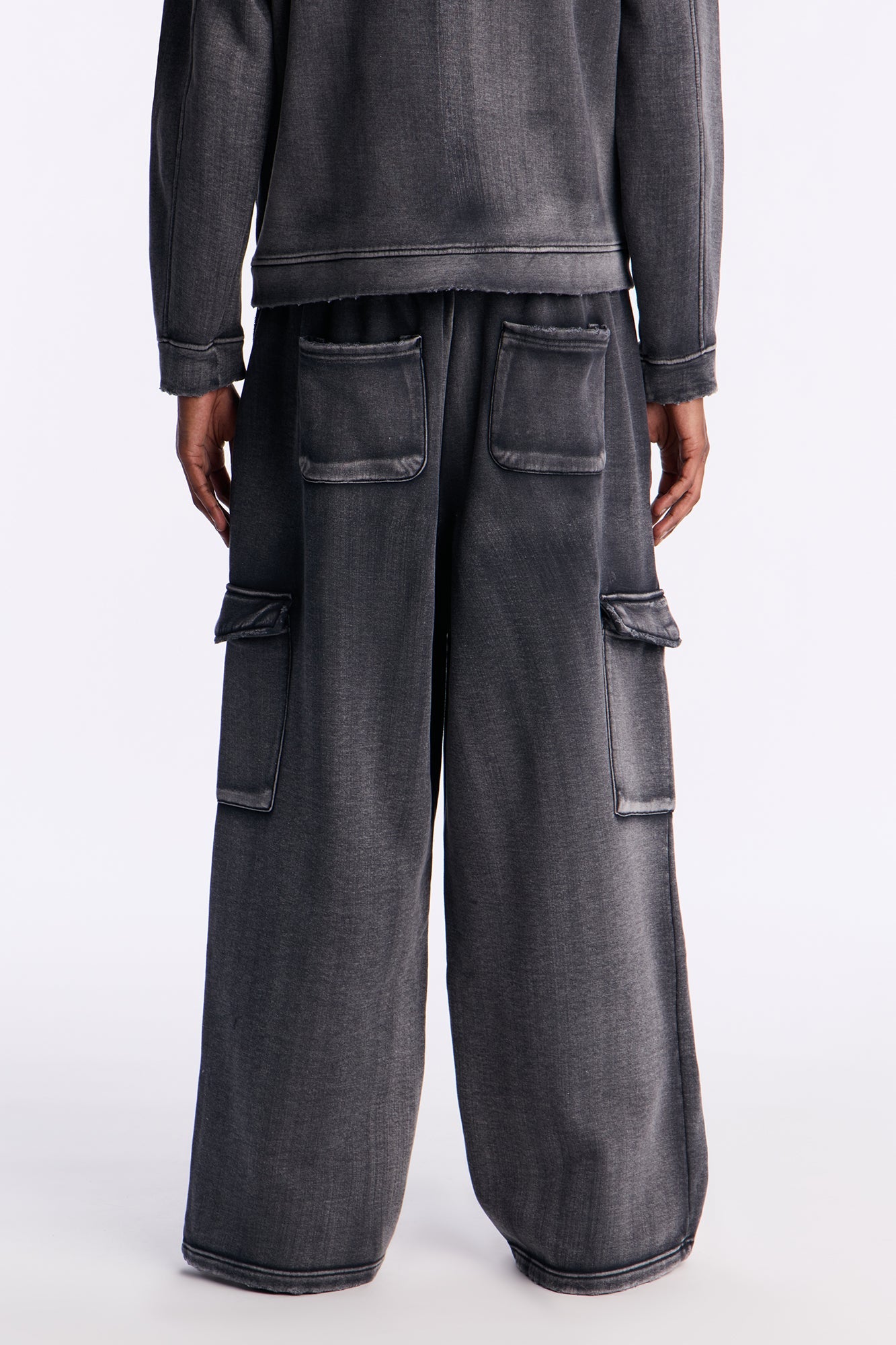 Heavy Wash Baggy Fleece Cargo Pants - Black Wash