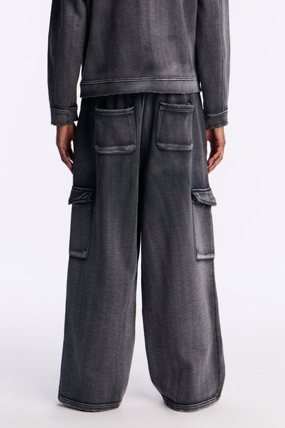 Heavy Wash Baggy Fleece Cargo Pants - Black Wash
