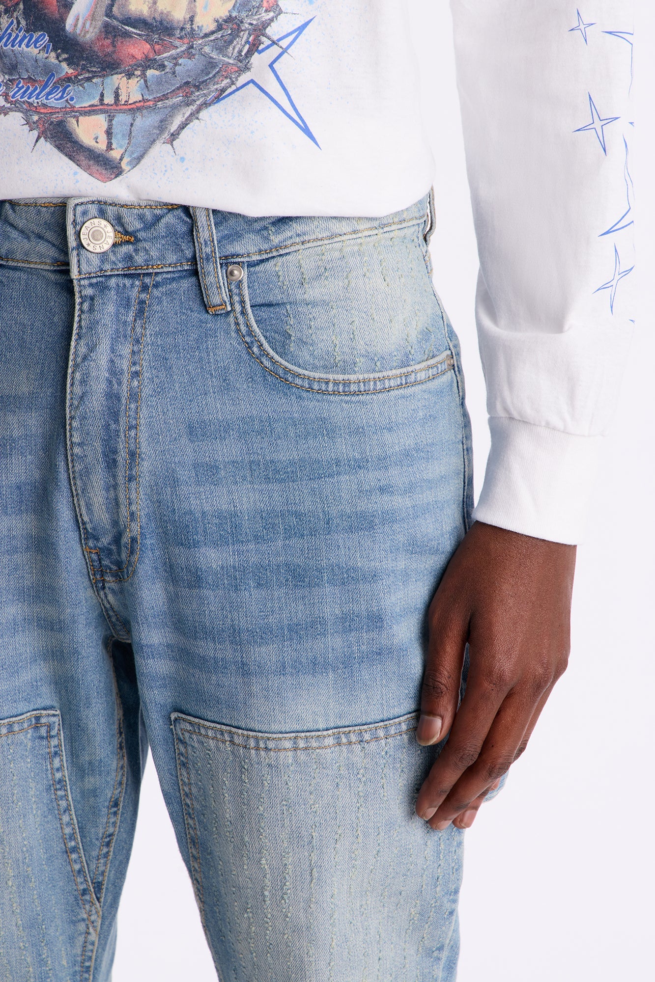 Stacked Skinny Flare Textured Carpenter Jean - Light Blue Wash