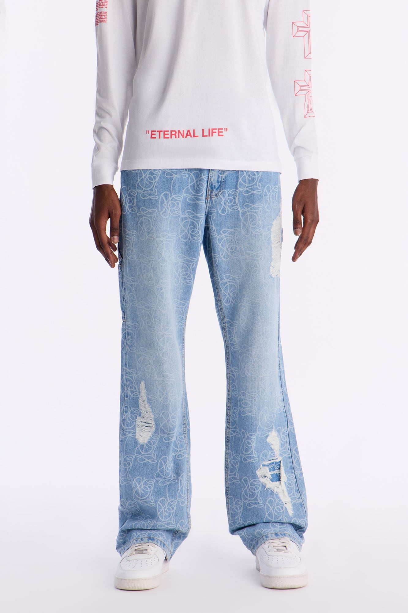 Stacked Slim Flare Slide Thru Distressed Jean - Medium Blue Wash