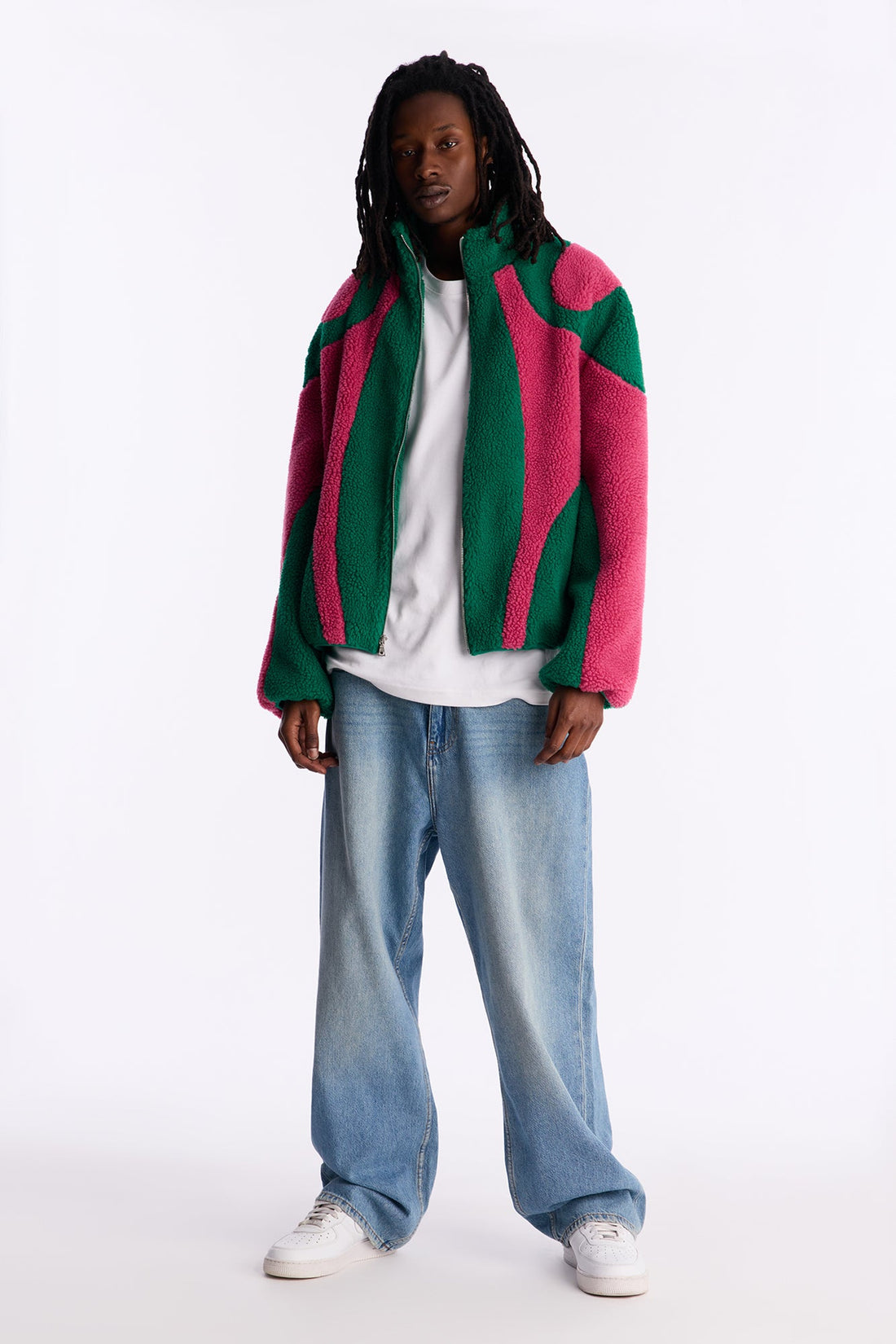 Oversized Sherpa Wave Paneled Zip Jacket - Green