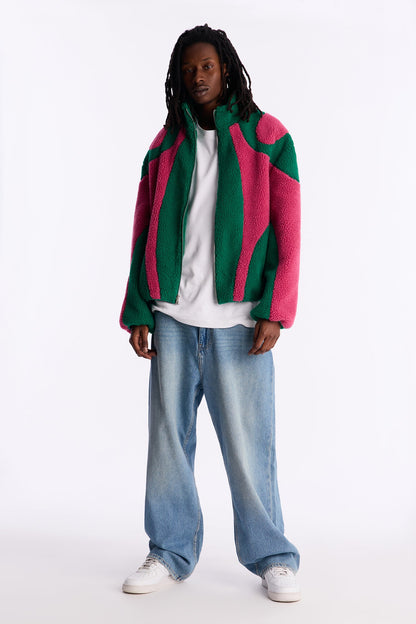 Oversized Sherpa Wave Paneled Zip Jacket - Green