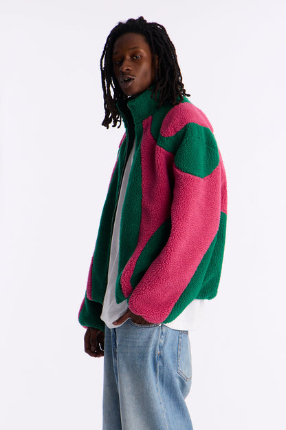 Oversized Sherpa Wave Paneled Zip Jacket - Green