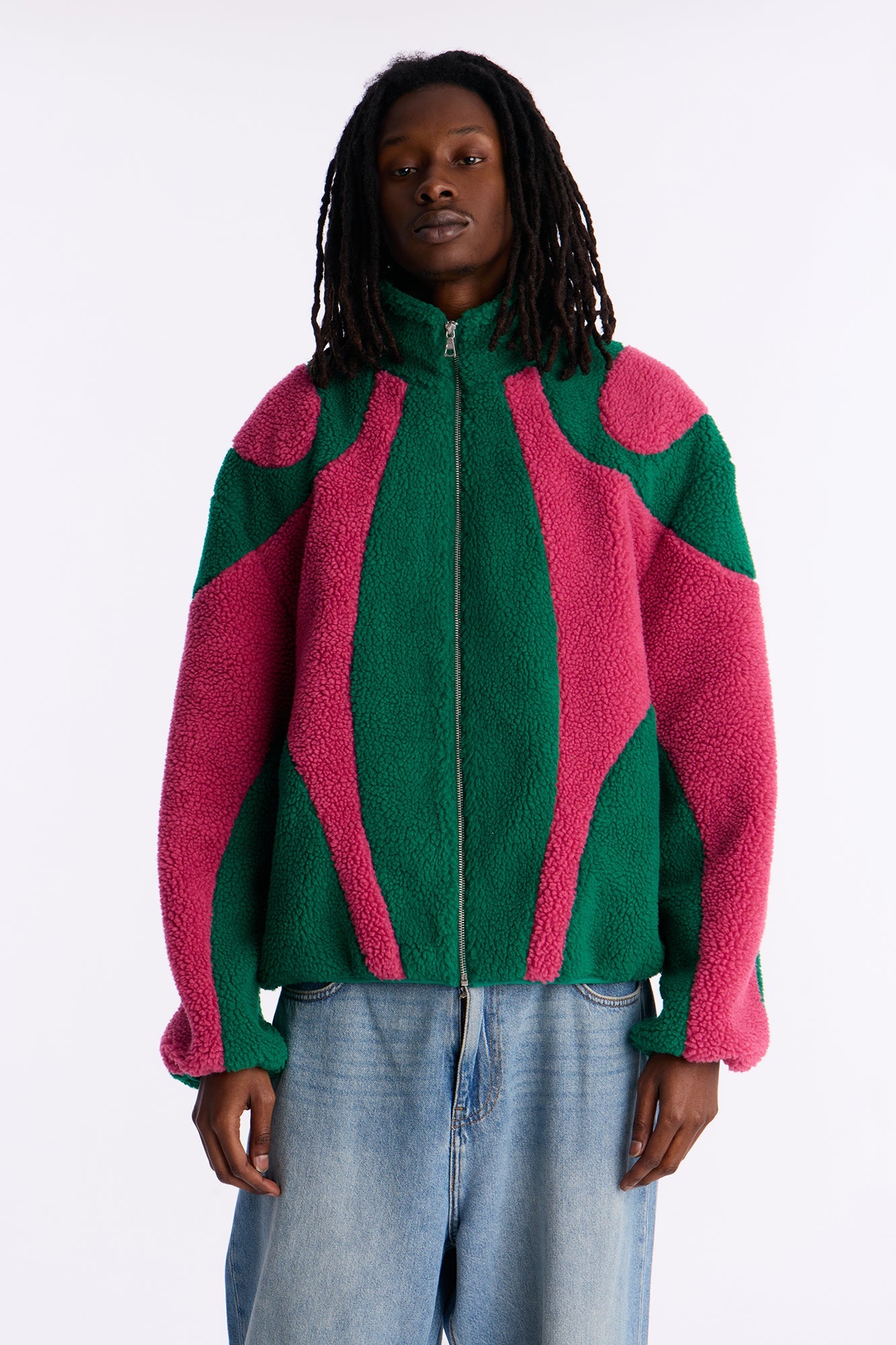 Oversized Sherpa Wave Paneled Zip Jacket - Green