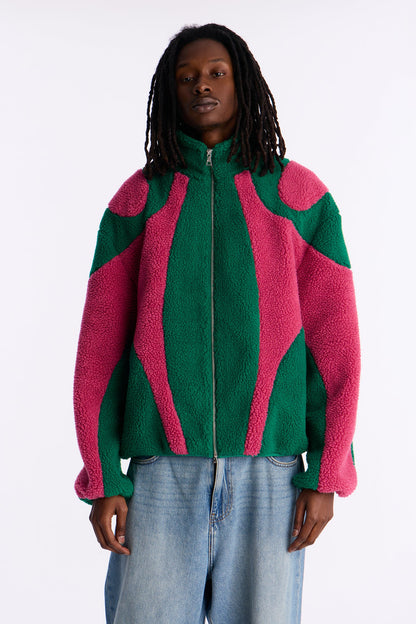Oversized Sherpa Wave Paneled Zip Jacket - Green