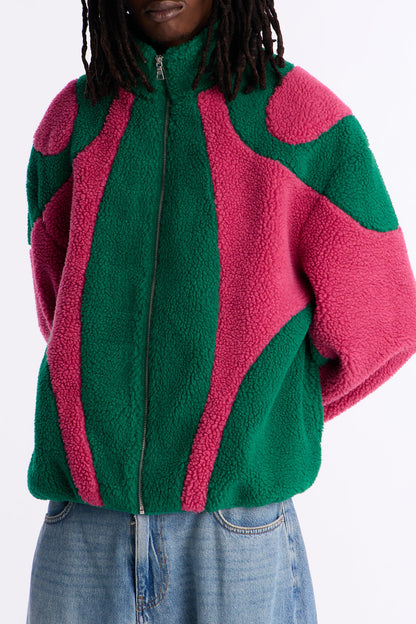 Oversized Sherpa Wave Paneled Zip Jacket - Green