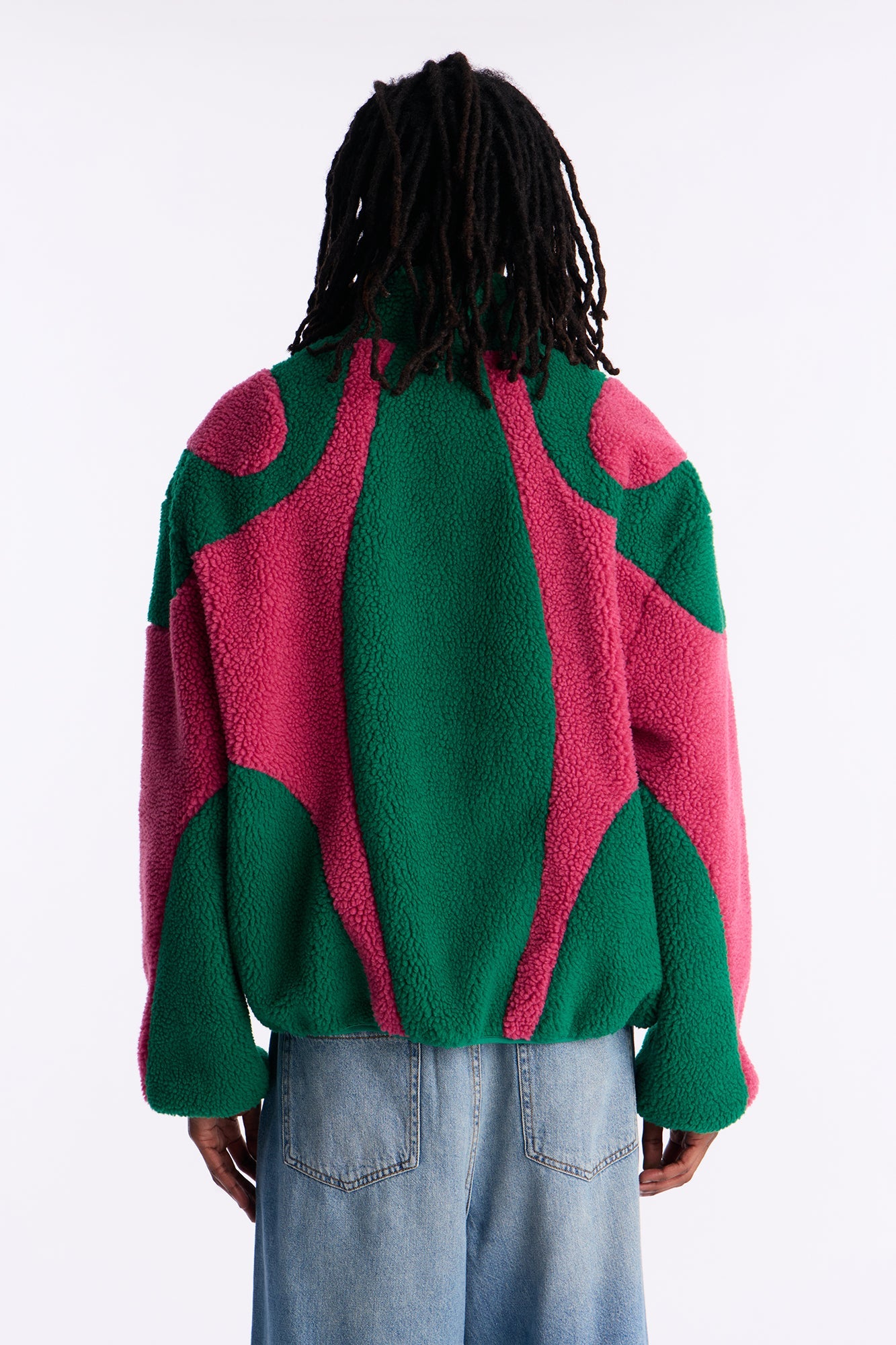 Oversized Sherpa Wave Paneled Zip Jacket - Green